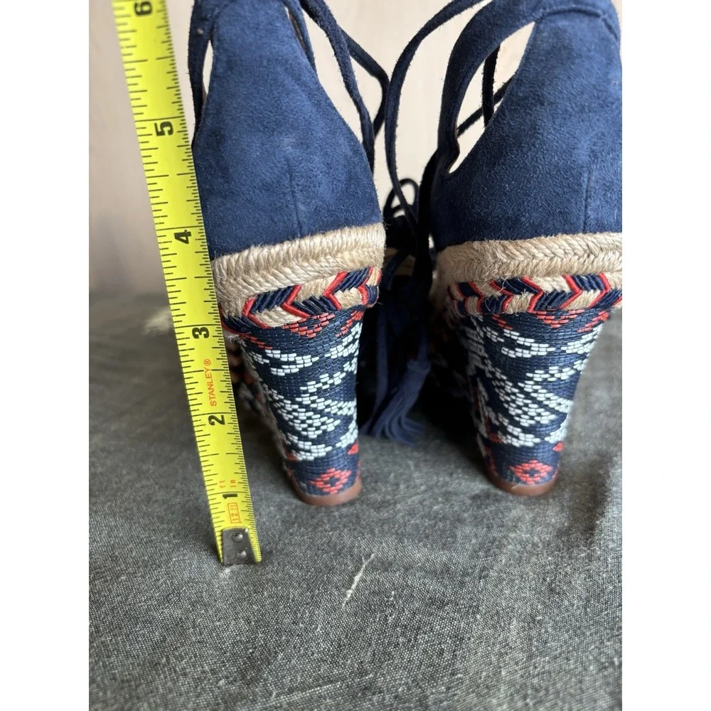 Cabi Isla Blue Suede Aztec Espadrille Wedge Heel Tie Up Womens Sz‎ 7M #6001